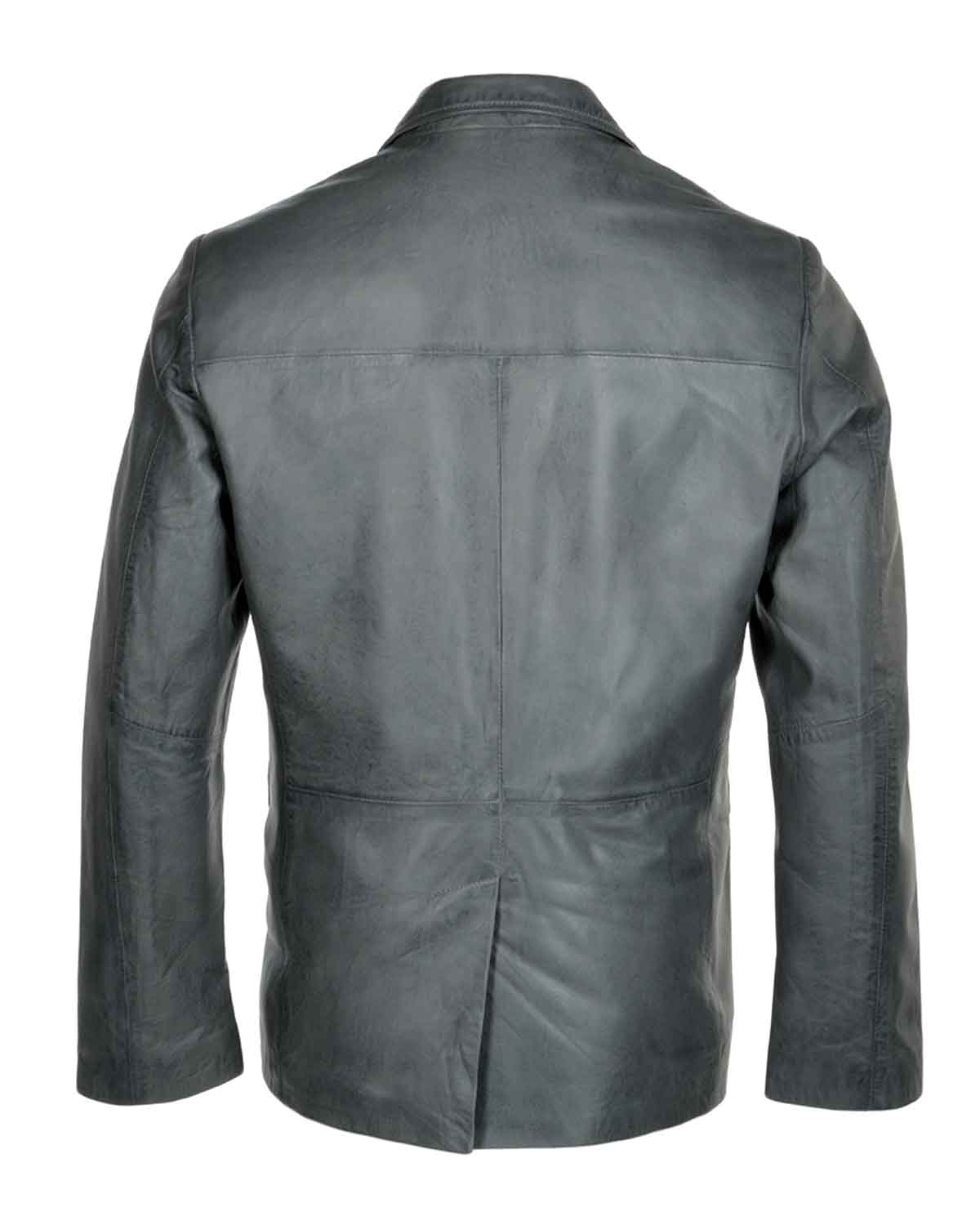 Mens Grey Buttoned Lapel Style Genuine Leather Blazer 