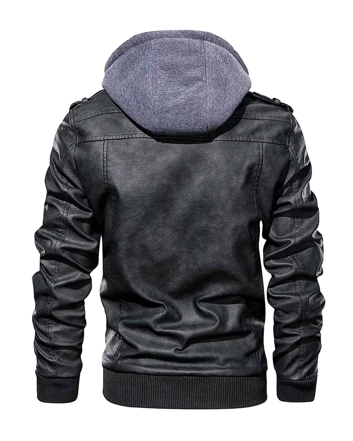 Mens Black Leather Jacket With Removable Hood 