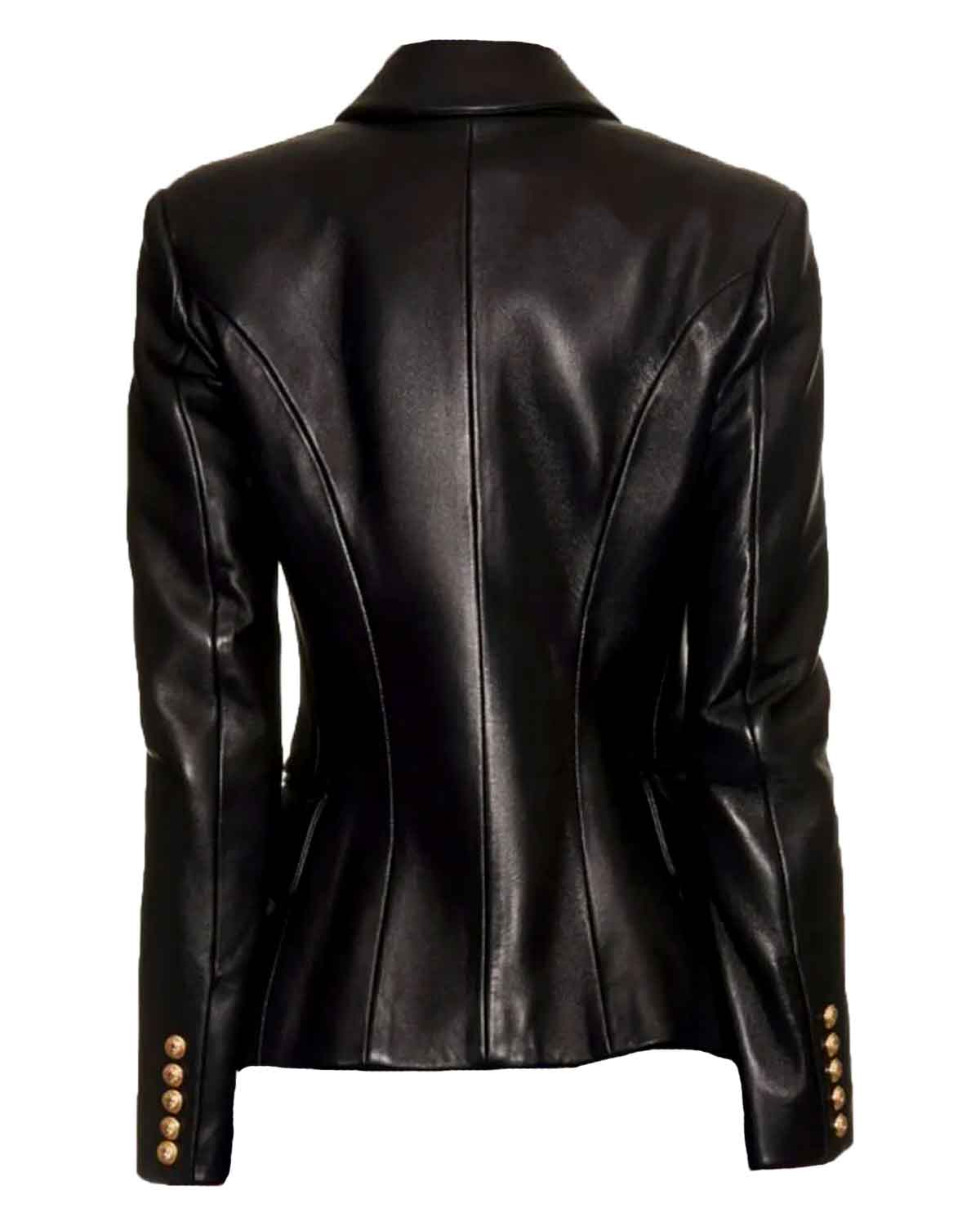 Kim Kardashian Double Breasted Golden Button Leather Blazer 