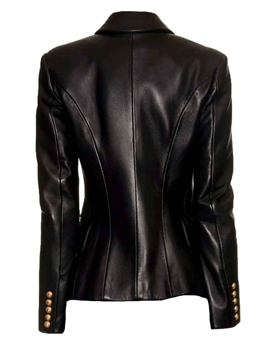 Kim Kardashian Double Breasted Golden Button Leather Blazer – Elite Jacket