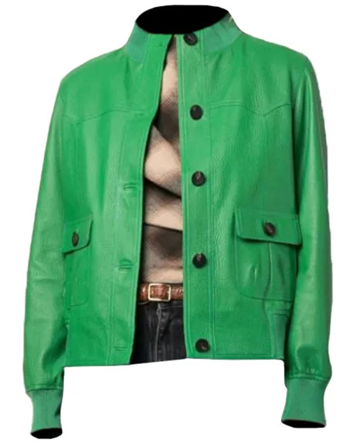 Womens Green Buttoned Leather Jacket | Elite Jacket