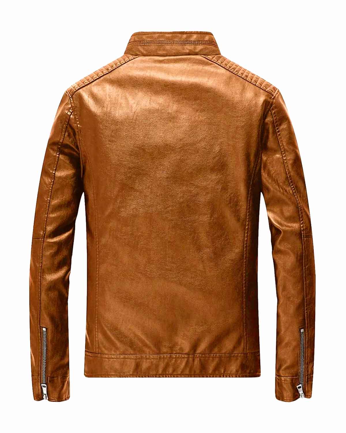 Mens Tan Brown Stand Up Real Leather Biker Jacket 