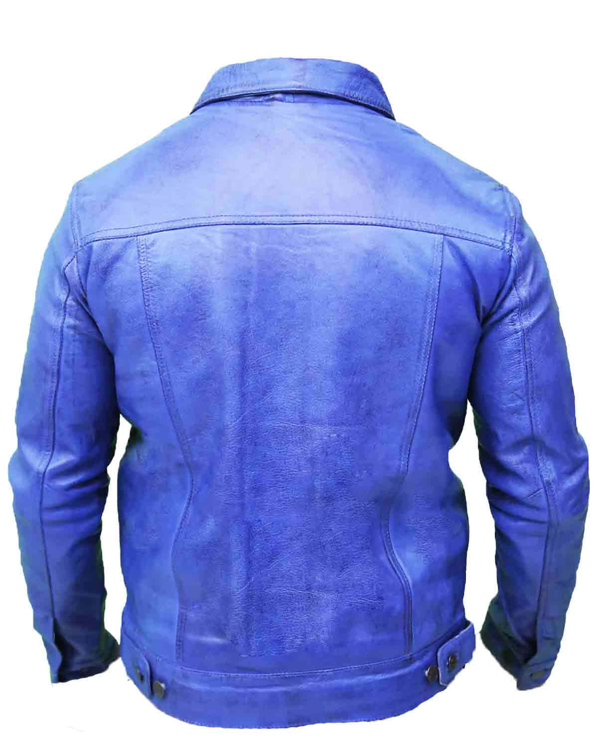 Mens Vintage Blue Real Leather Trucker Jacket | Elite Jacket