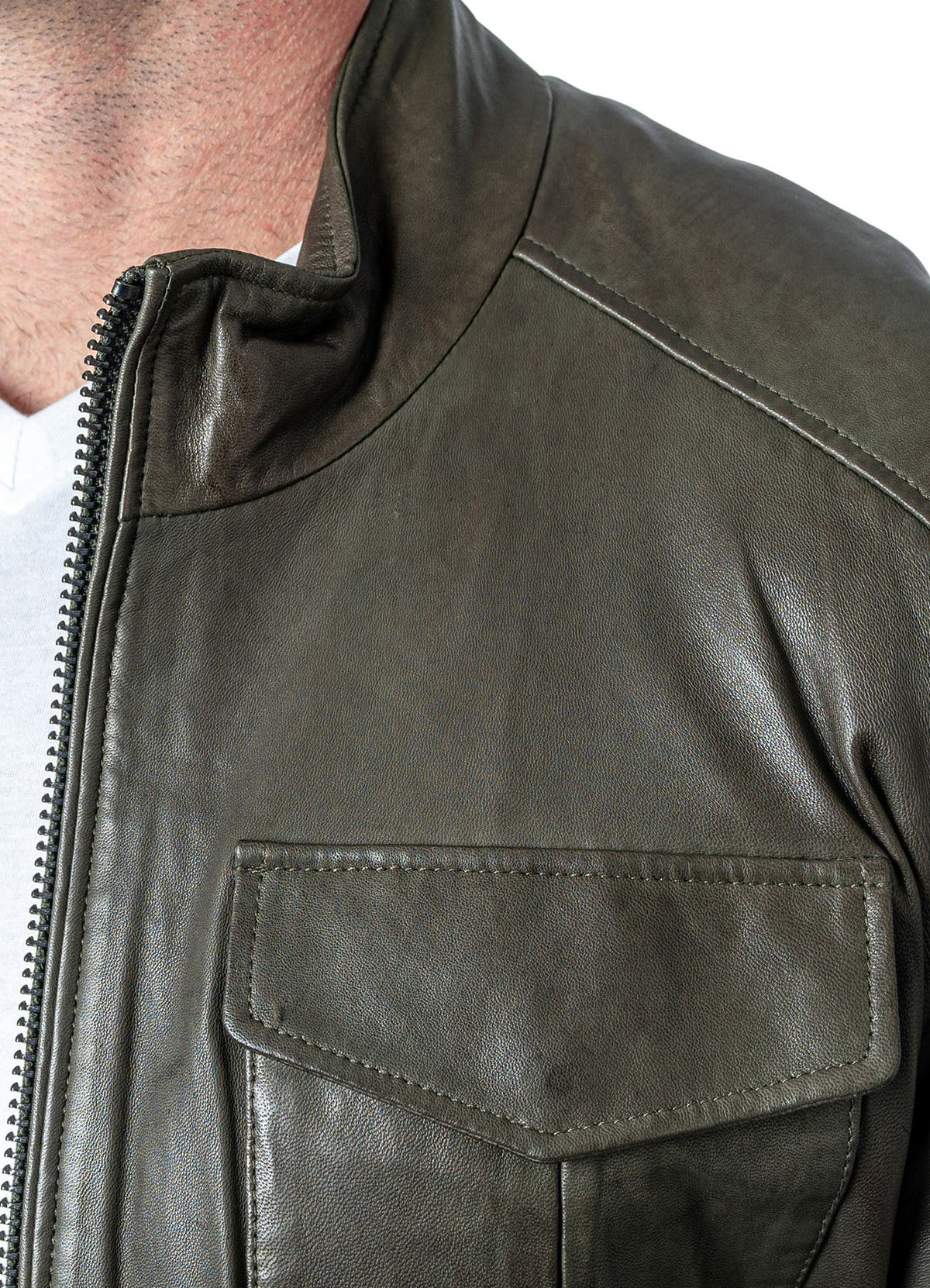 Mens Military Style Olive Green Leather Jacket | Shop Now!