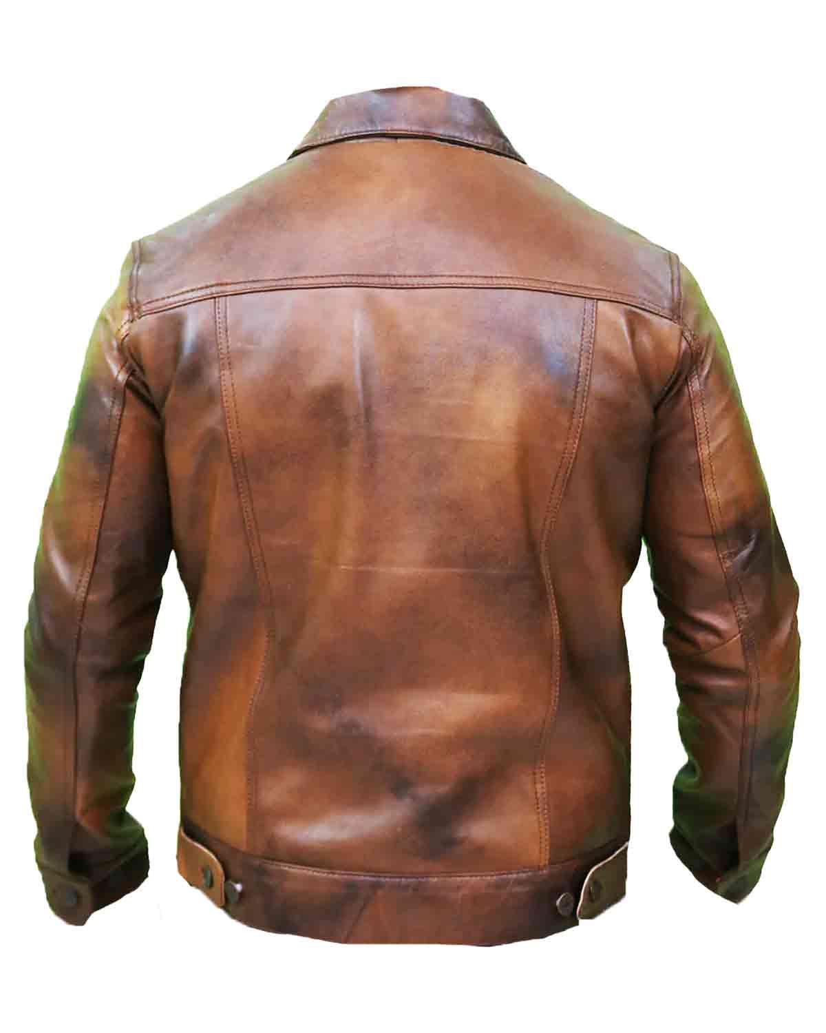 Mens Distressed Brown Leather Trucker Jacket | Elite Jacket
