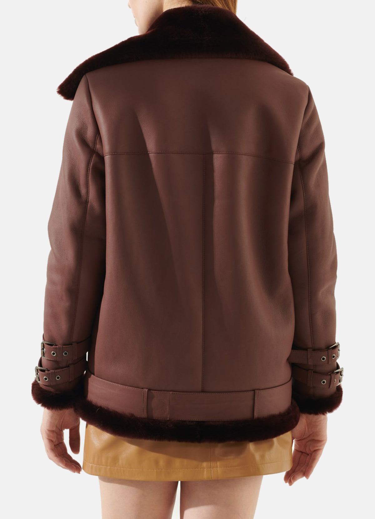 Womens Maroon Oversized Shearling Leather Jacket | Elite Jacket