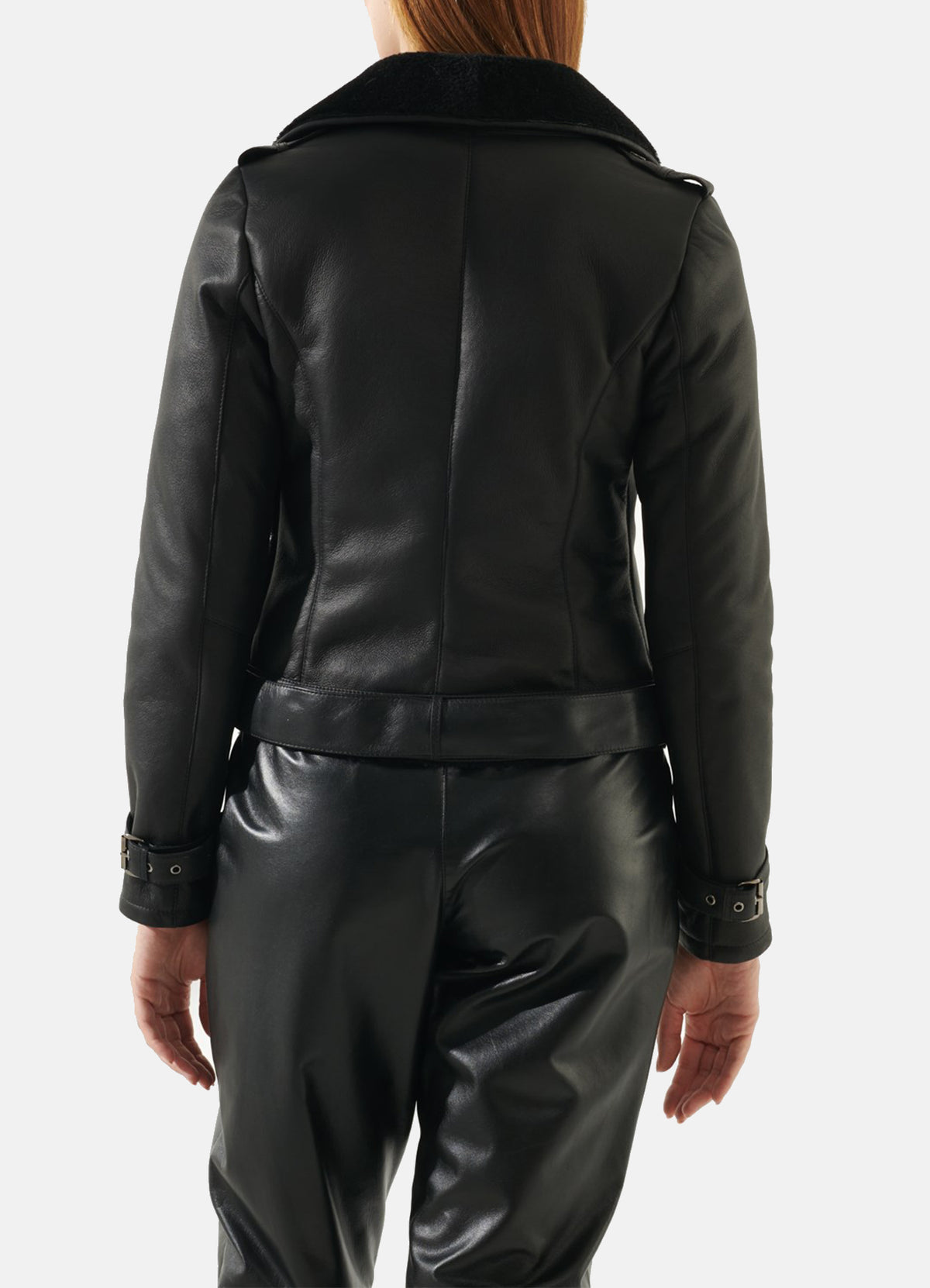 Womens Shiny Black Shearling Leather Jacket