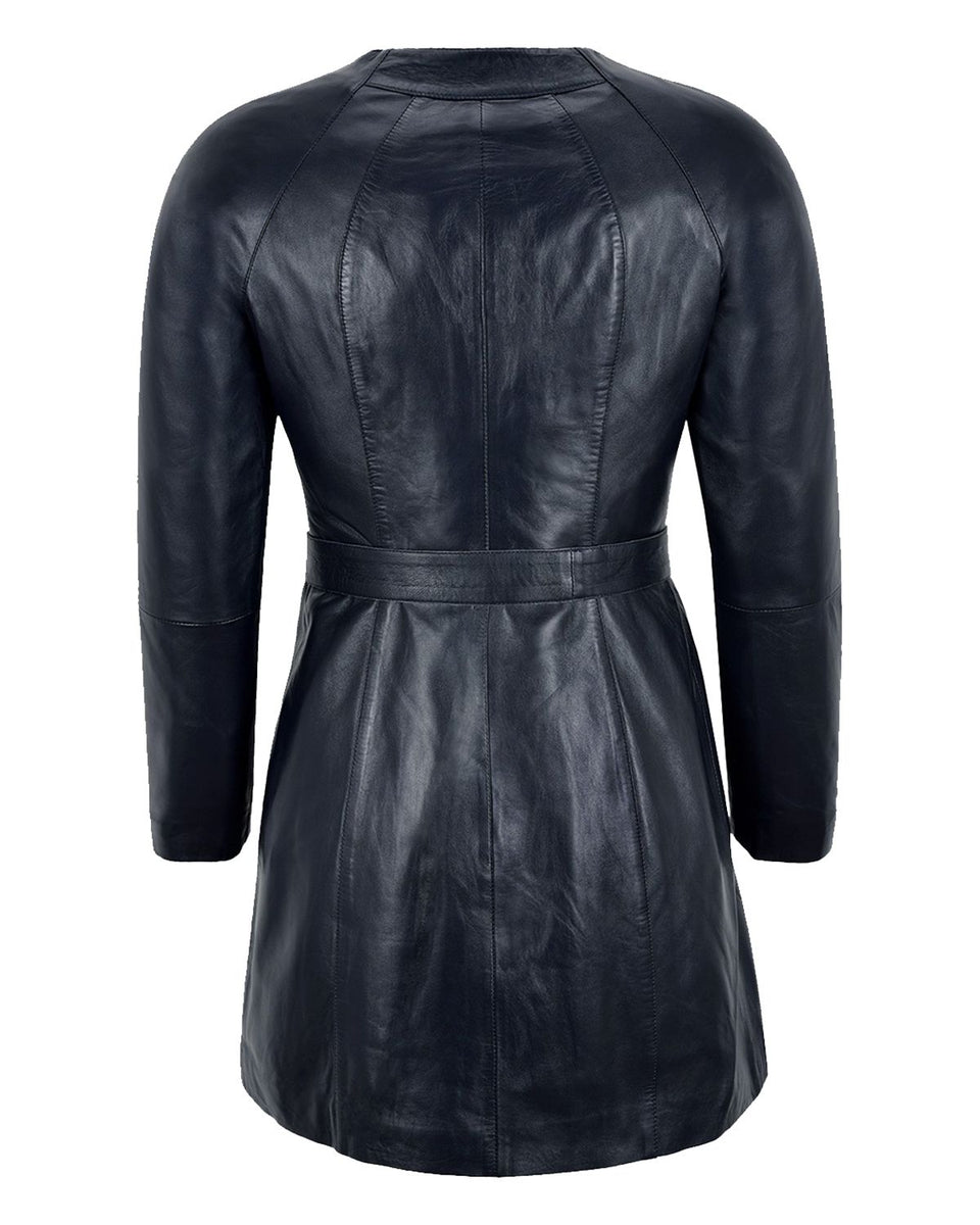 Womens Collarless Black Knee Length Leather Coat Elite Jacket