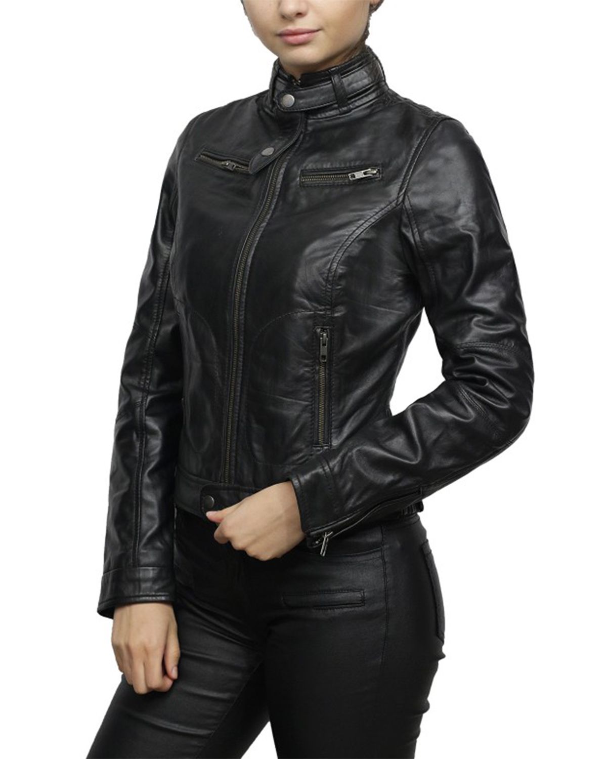 Belted Collar Black Biker Jackets For Women | Elite Jacket