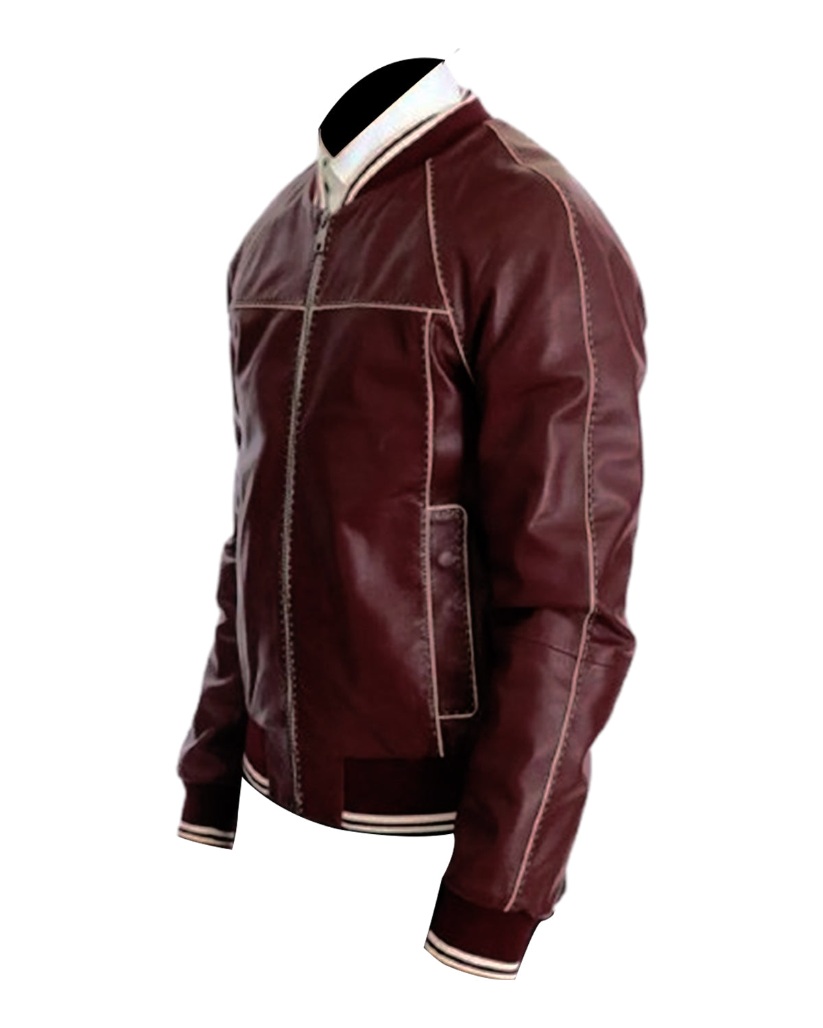 Mens Maroon Stitched Leather Bomber Jacket