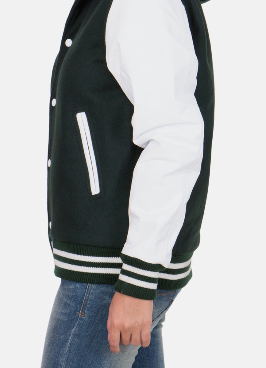 Womens Dark Green and White Varsity Jacket Elite Jacket