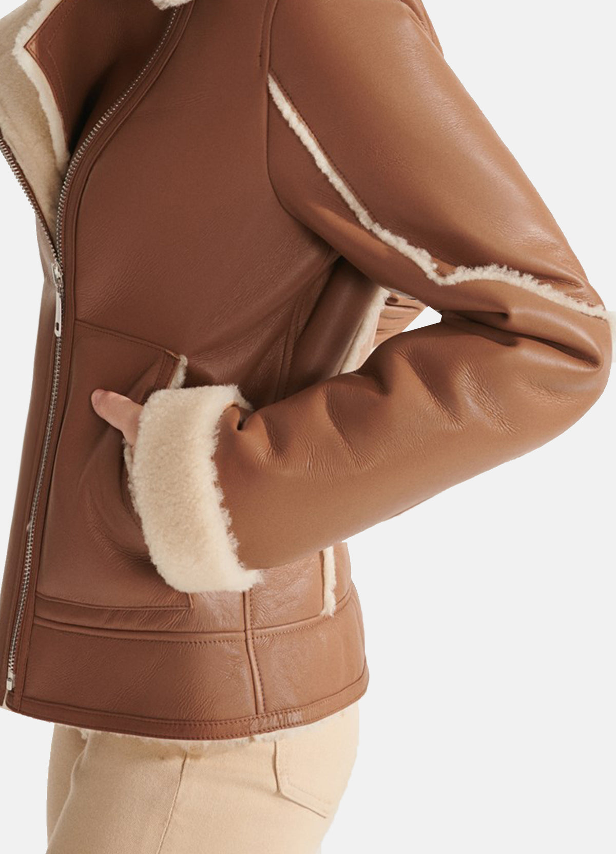 Womens TAN Sports Shearling Leather Jacket