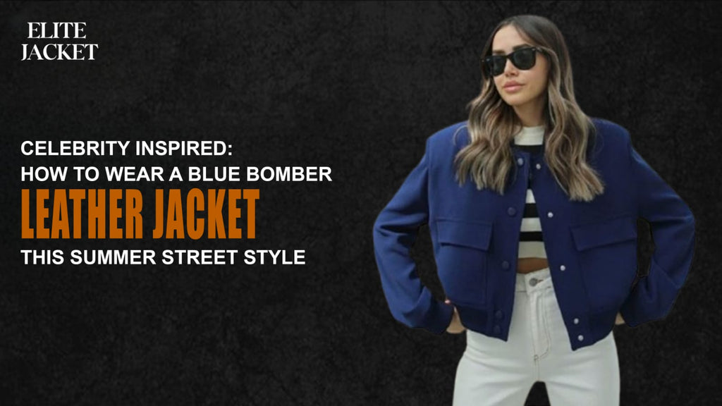 How to Wear a Blue Bomber Leather Jacket This Summer Street Style