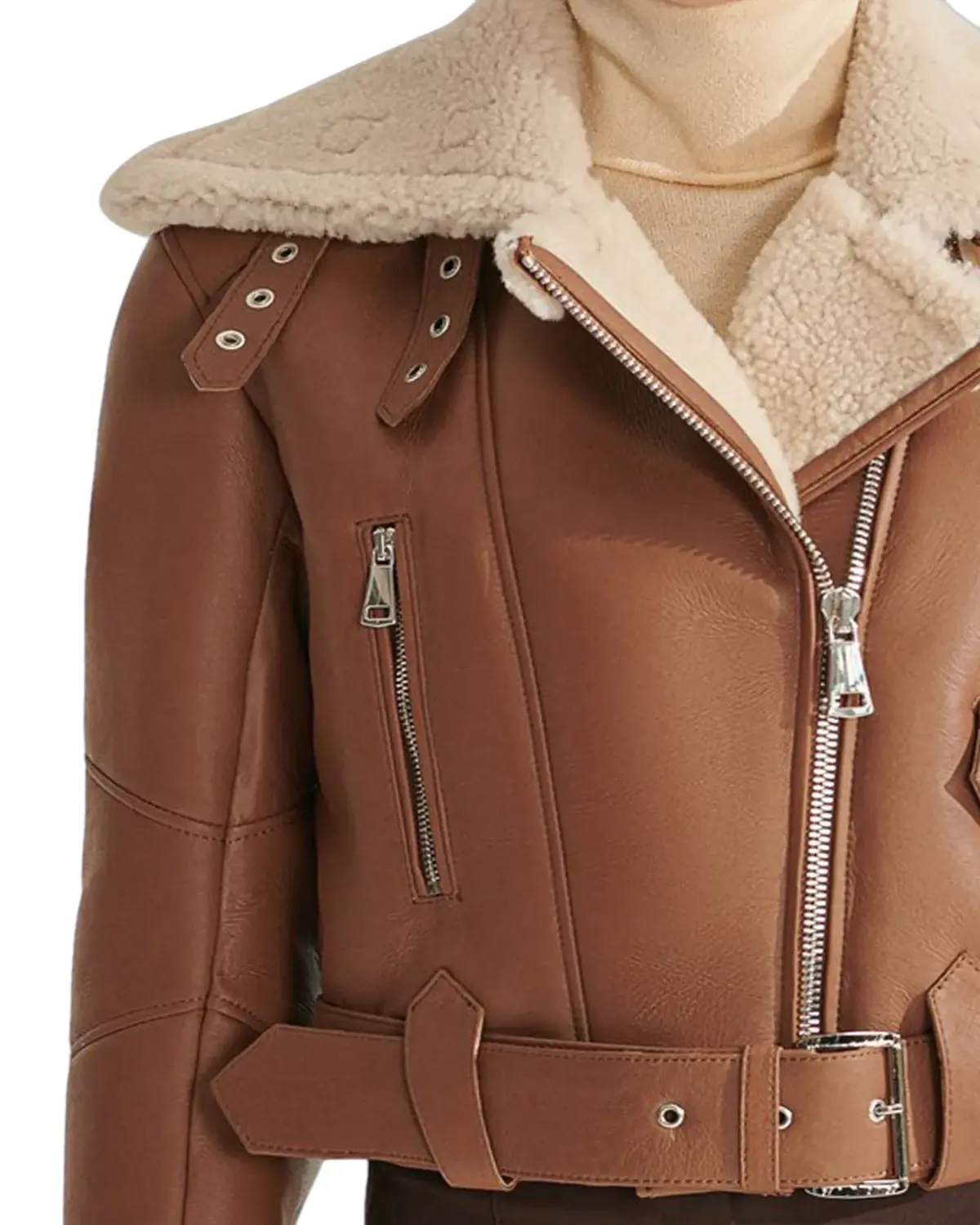 Womens Short Length Tan Shearling Leather Jacket