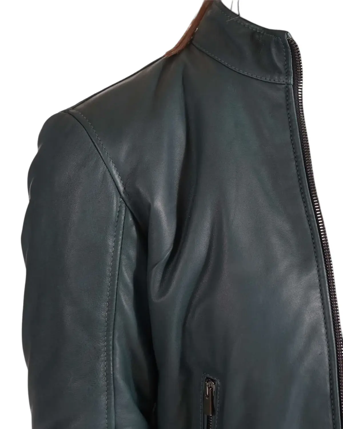 Womens Slimfit Green Leather Bomber Jacket