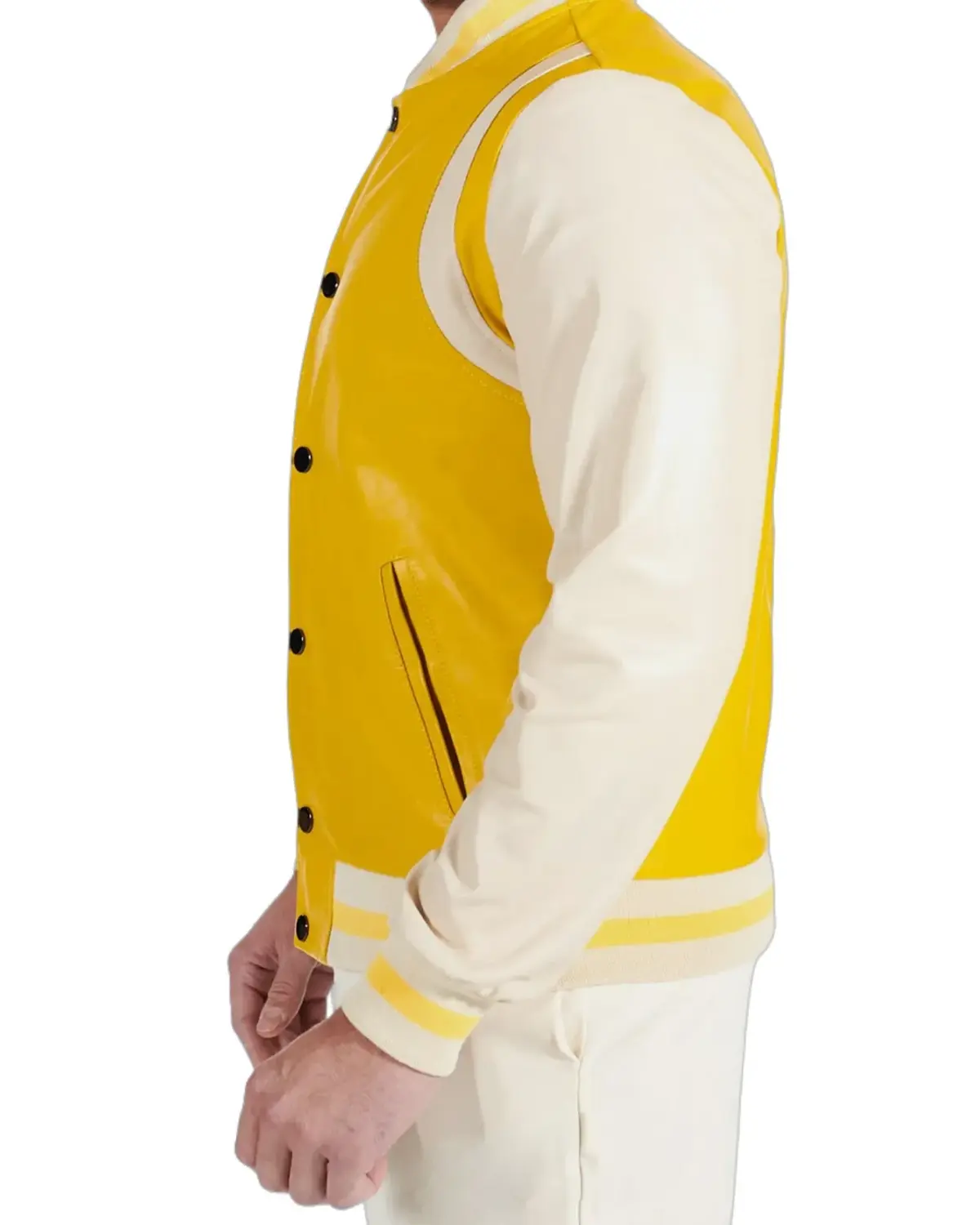 Mens Yellow Beige Leather Varsity Jacket | 