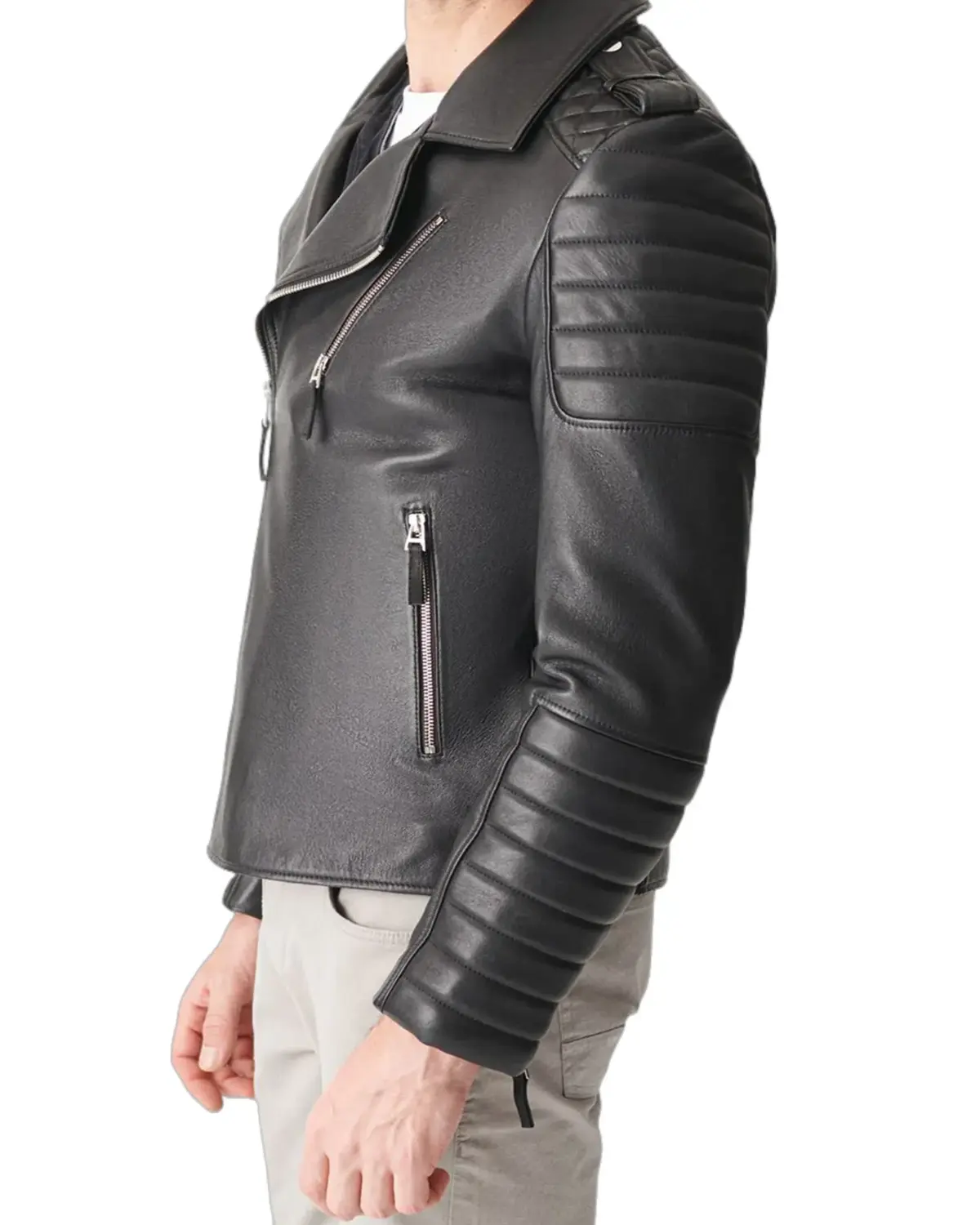 Mens Quilted Charcoal Black Biker Leather Jacket | Elite