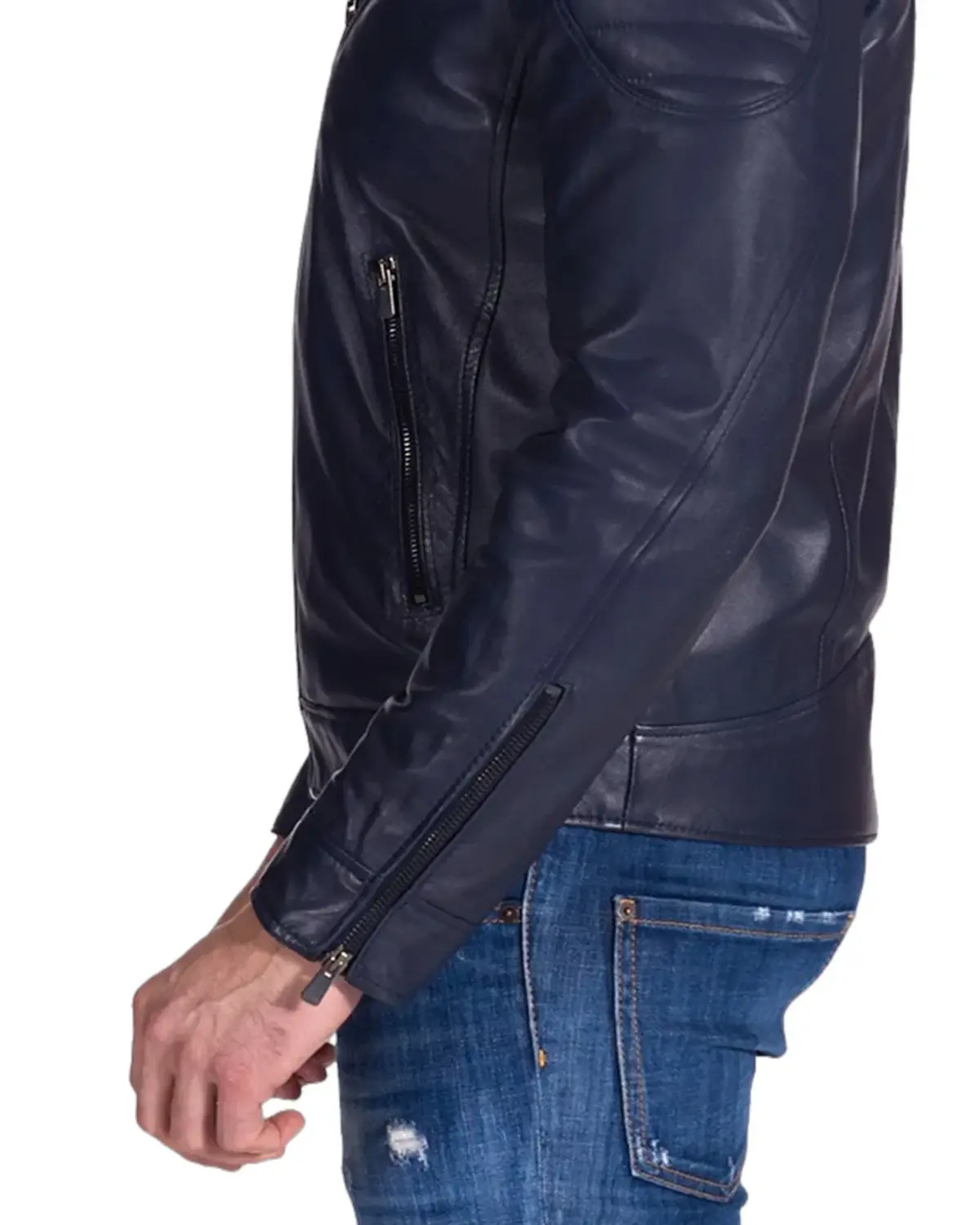 Mens Padded Shoulder Blue Biker Leather Jacket | Elite