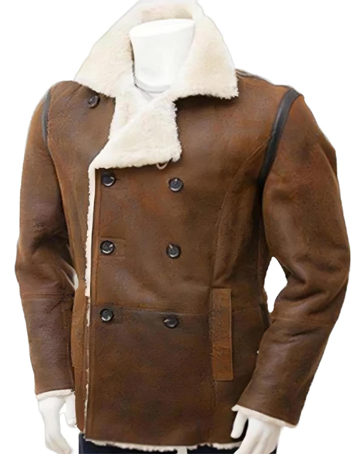 Double Breasted Fur Shearling Distressed Brown Leather Coat