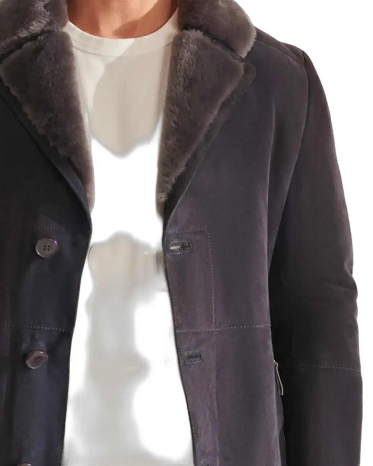 Mens Navy Blue Shearling Leather Coat | Elite Jacket