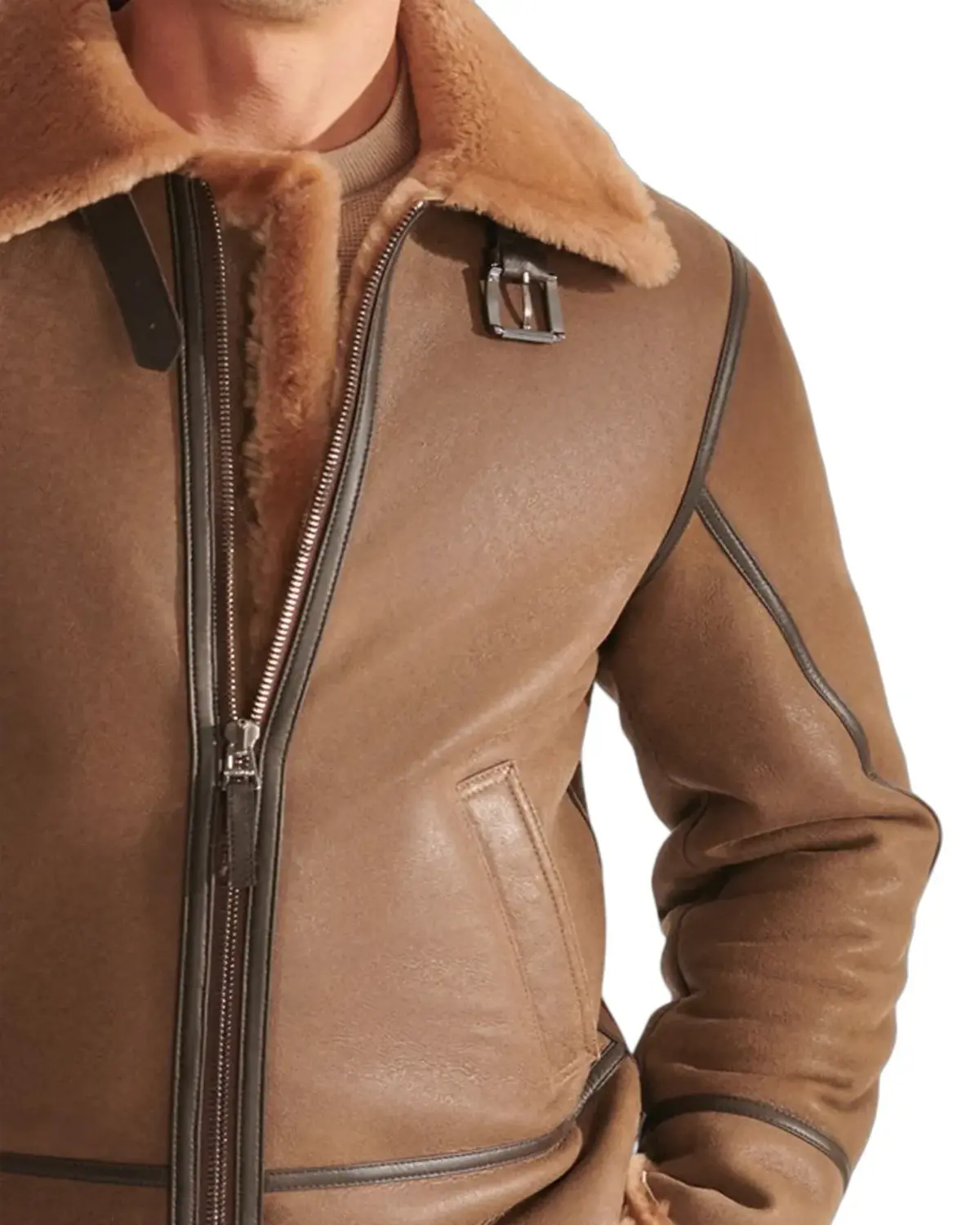 Mens Camel Brown Vintage Shearling Leather Jacket