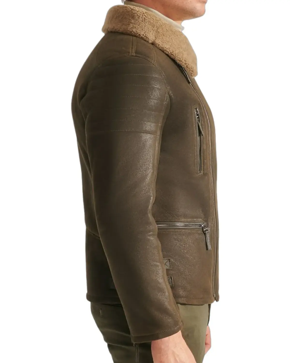 Mens Casual Moss Green Shearling Leather Jacket | Elite