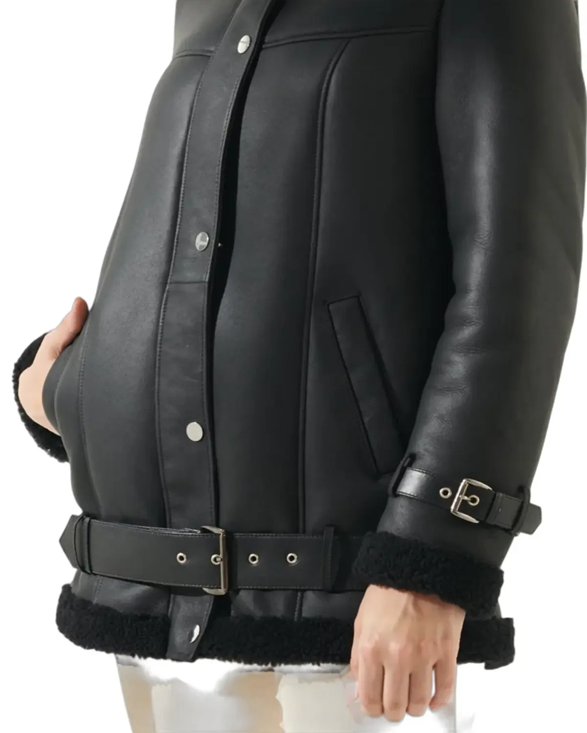 Womens Casual Black Oversized Shearling Leather Jacket