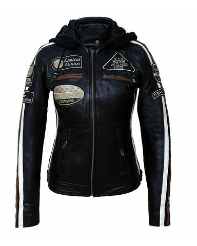 Elite Women Motorcycle Slim Fit Vintage Black Biker Hoodie Leather Jacket in Georgia
