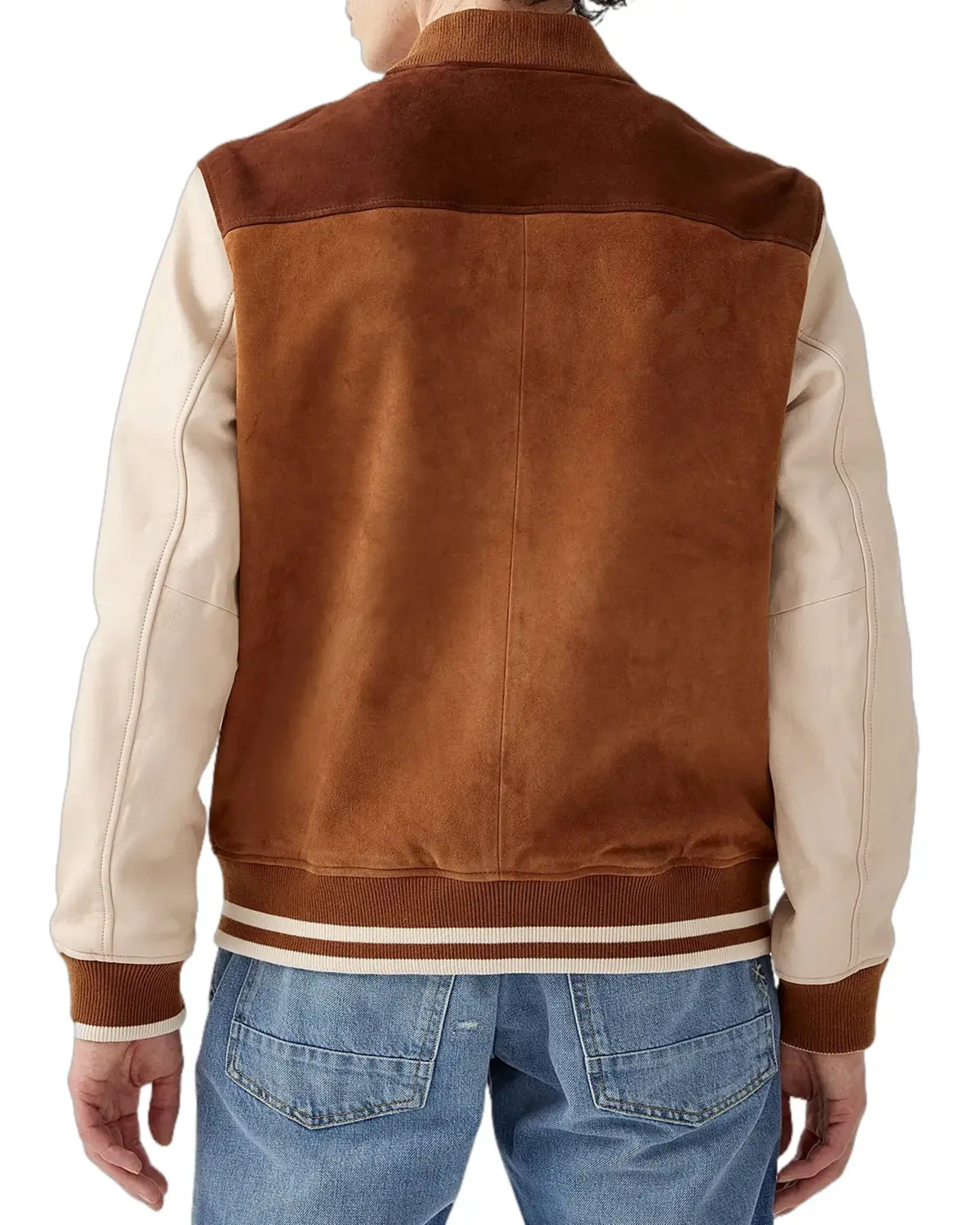 Mens Tan and Beige Suede Varsity Jacket | Elite Collection