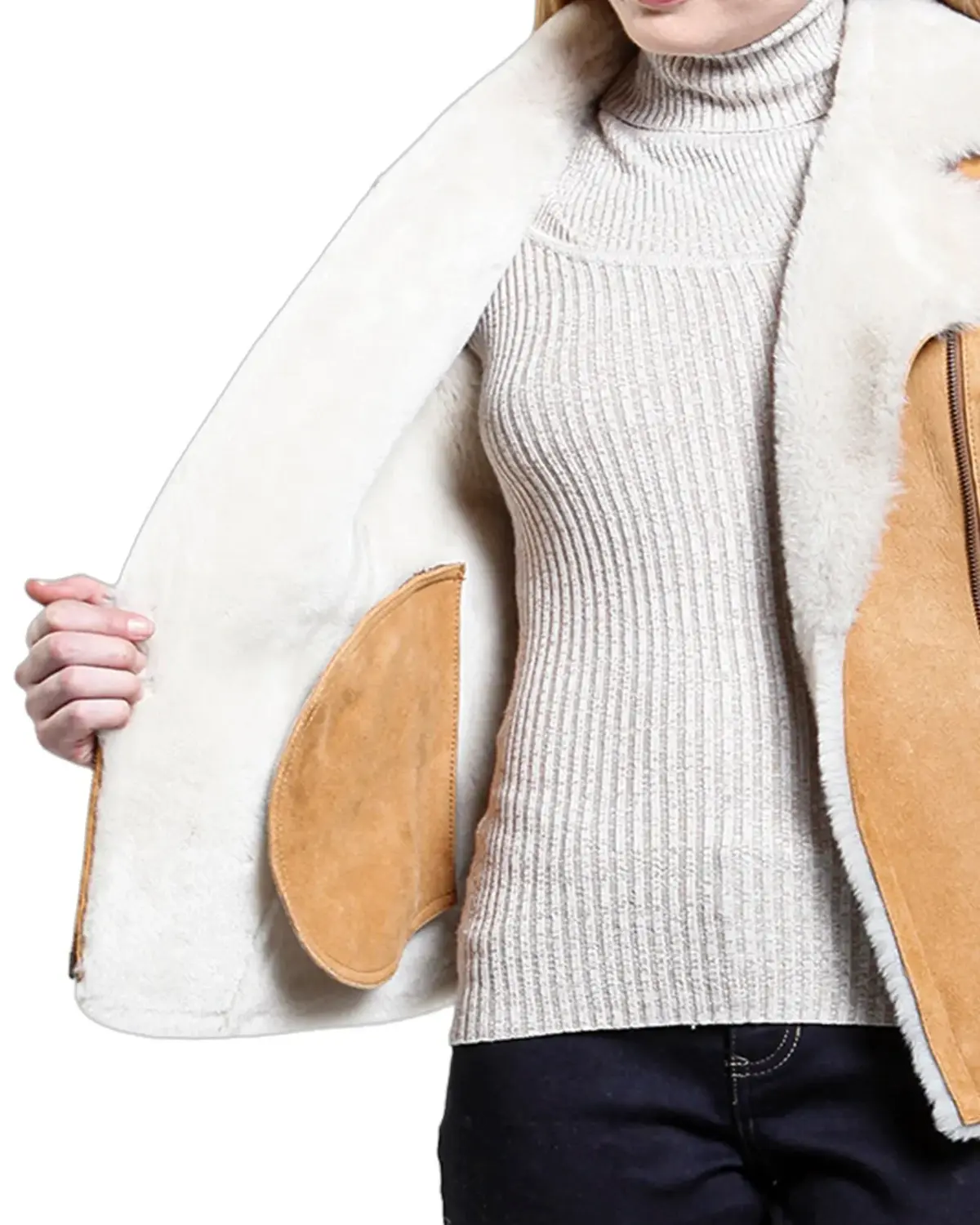 Womens Classic Tan Shearling Leather Jacket | Elite Jacket