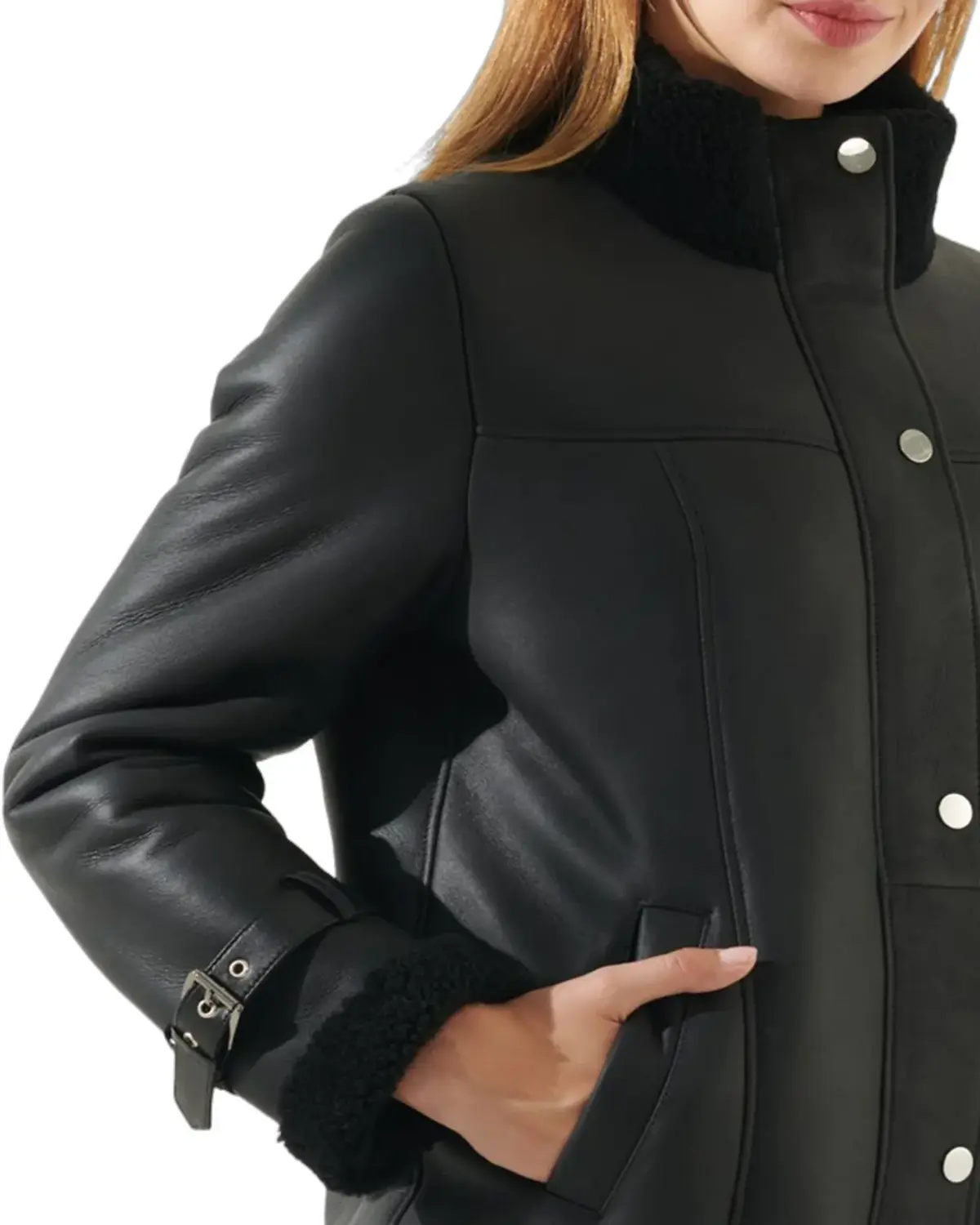 Womens Casual Black Oversized Shearling Leather Jacket