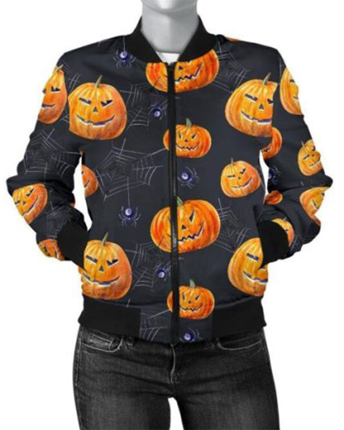 Womens Halloween Pumpkin Print Bomber Jacket | Elite Jacket