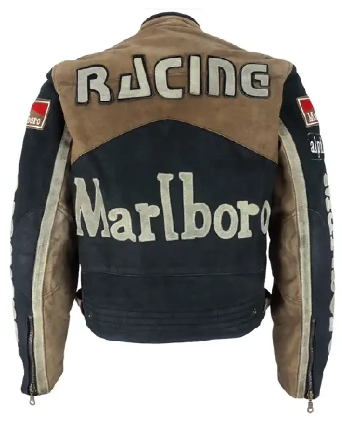 Leather racing jacket with 'Racing' and 'Marlboro' branding on a white background