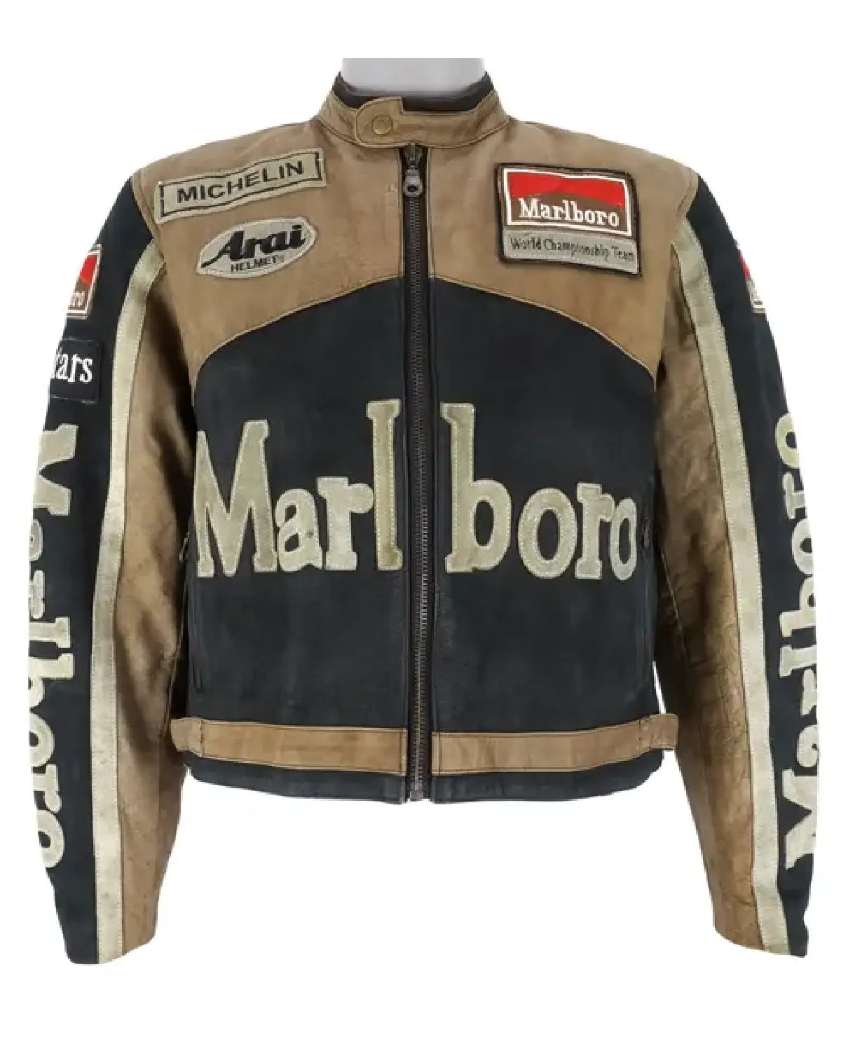 Leather jacket with Marlboro branding on a white background