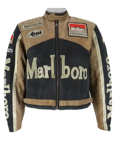Leather jacket with Marlboro branding on a white background
