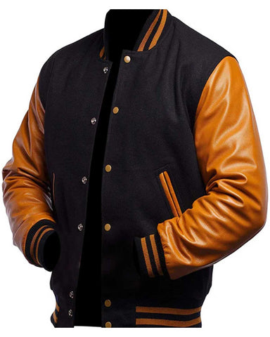 Mens Black and Gold Baseball Letterman Leather Jacket 
