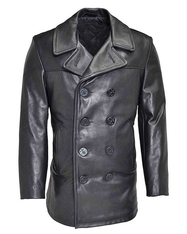 Mens Naval Double Breasted Black Leather Coat | Elite Jacket