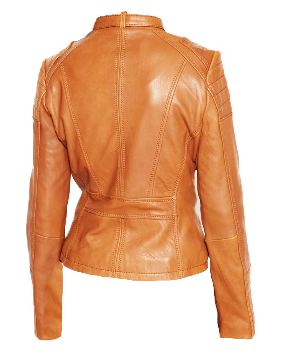 Womens Buckle Collar Quilted Brown Leather Biker Jacket