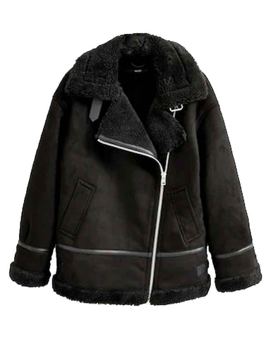 Womens Aviator Black Faux Suede Jacket | Elite Jacket