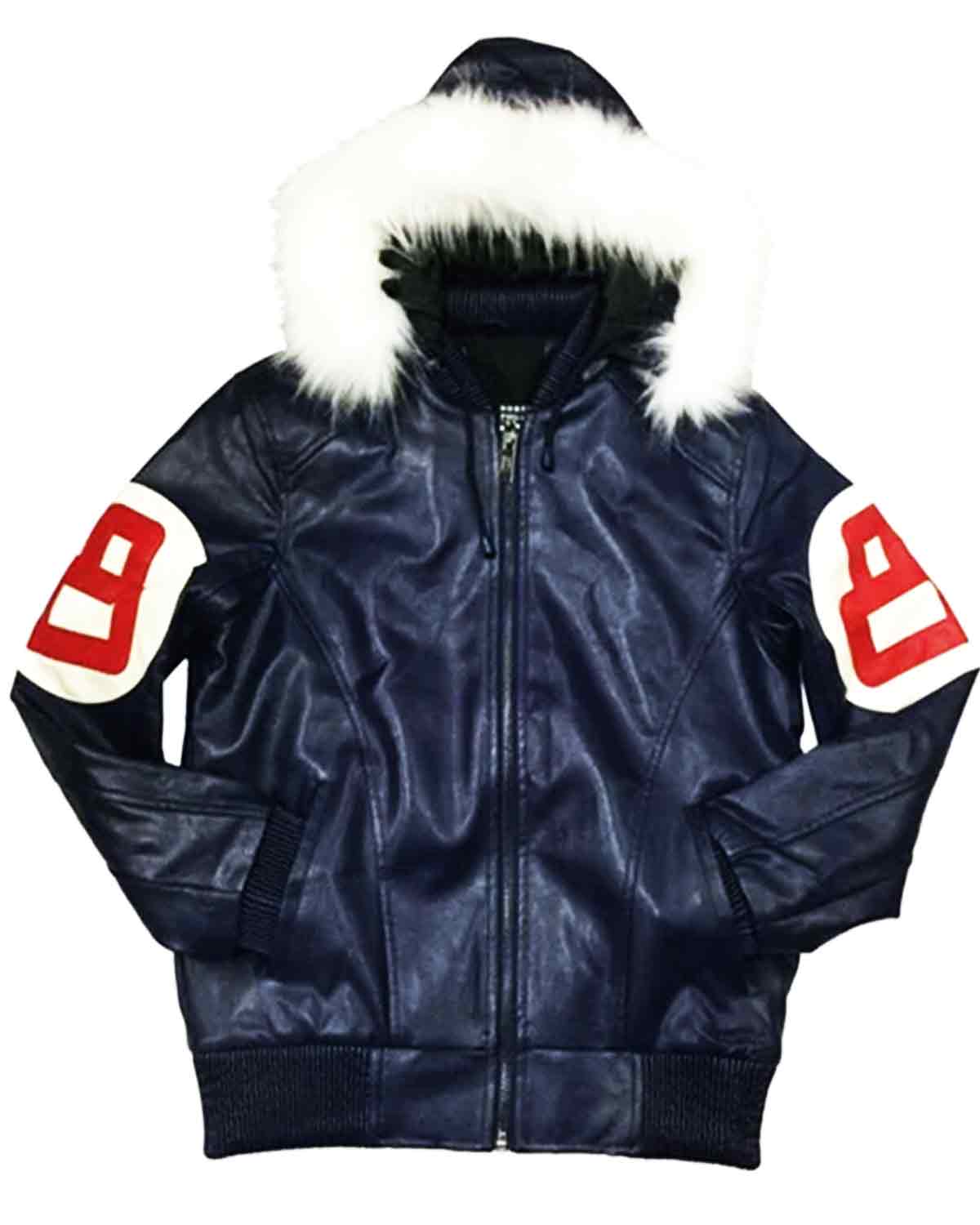 Elite 8 Ball Pool Logo Fur Hooded Sheepskin Navy Leather Men's Jacket