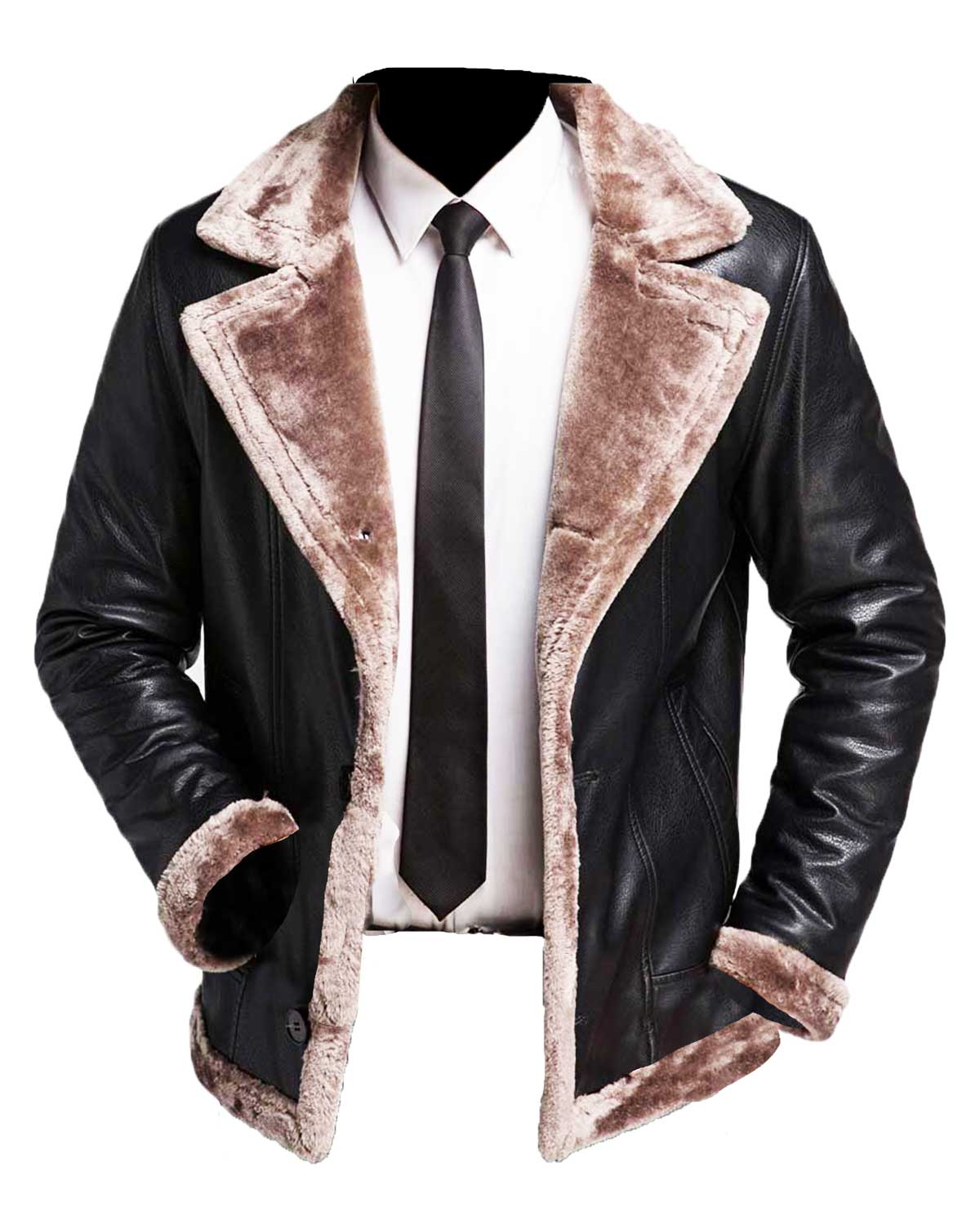 Mens Winter Faux Fur Shearling Black Leather Jacket 