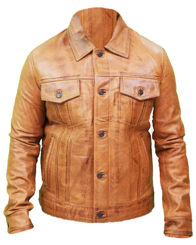 Mens Camel Brown Trucker Leather Jacket | Elite Jacket