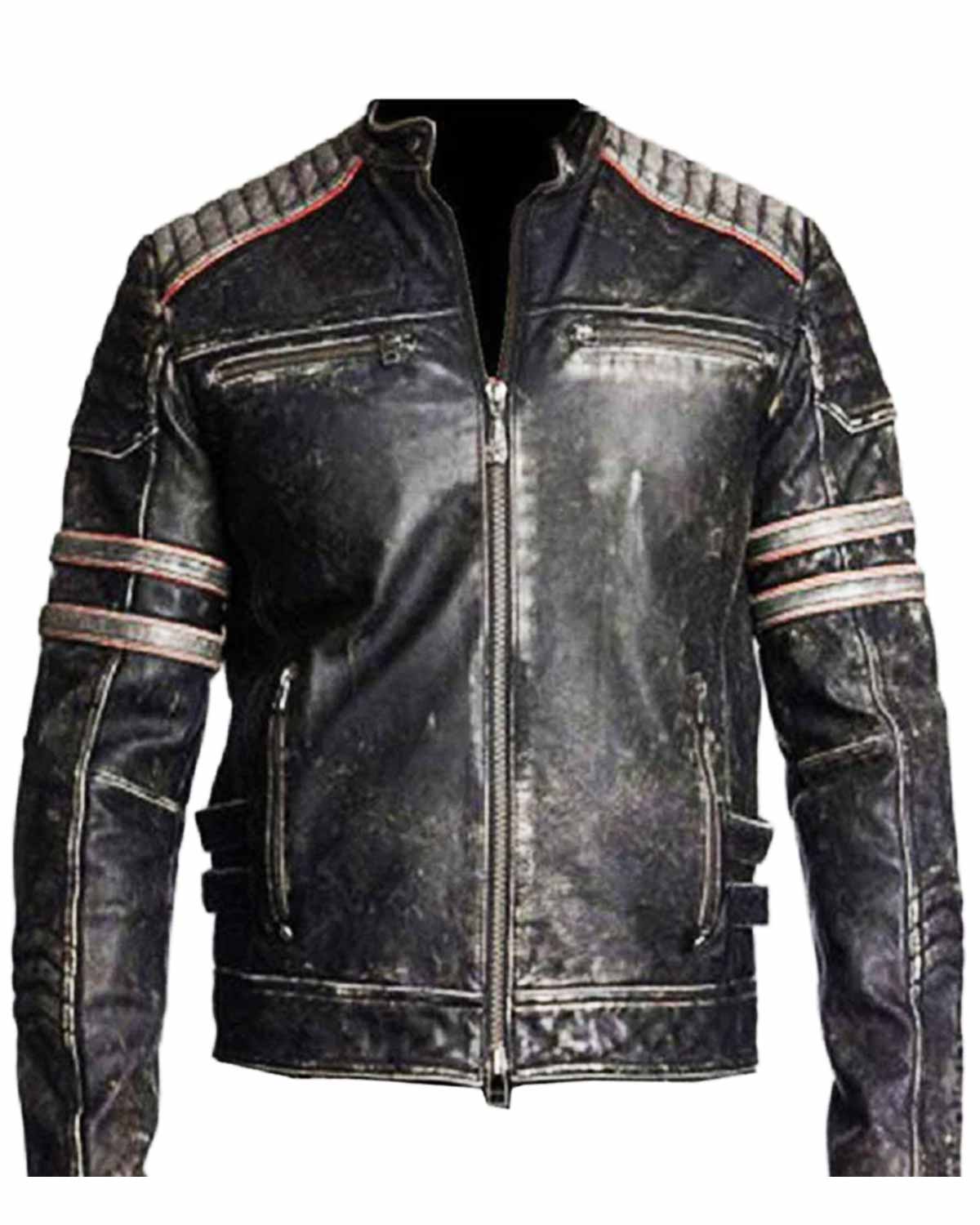 Men's Biker Style Distressed Genuine Leather Jacket Black | Feather Skin