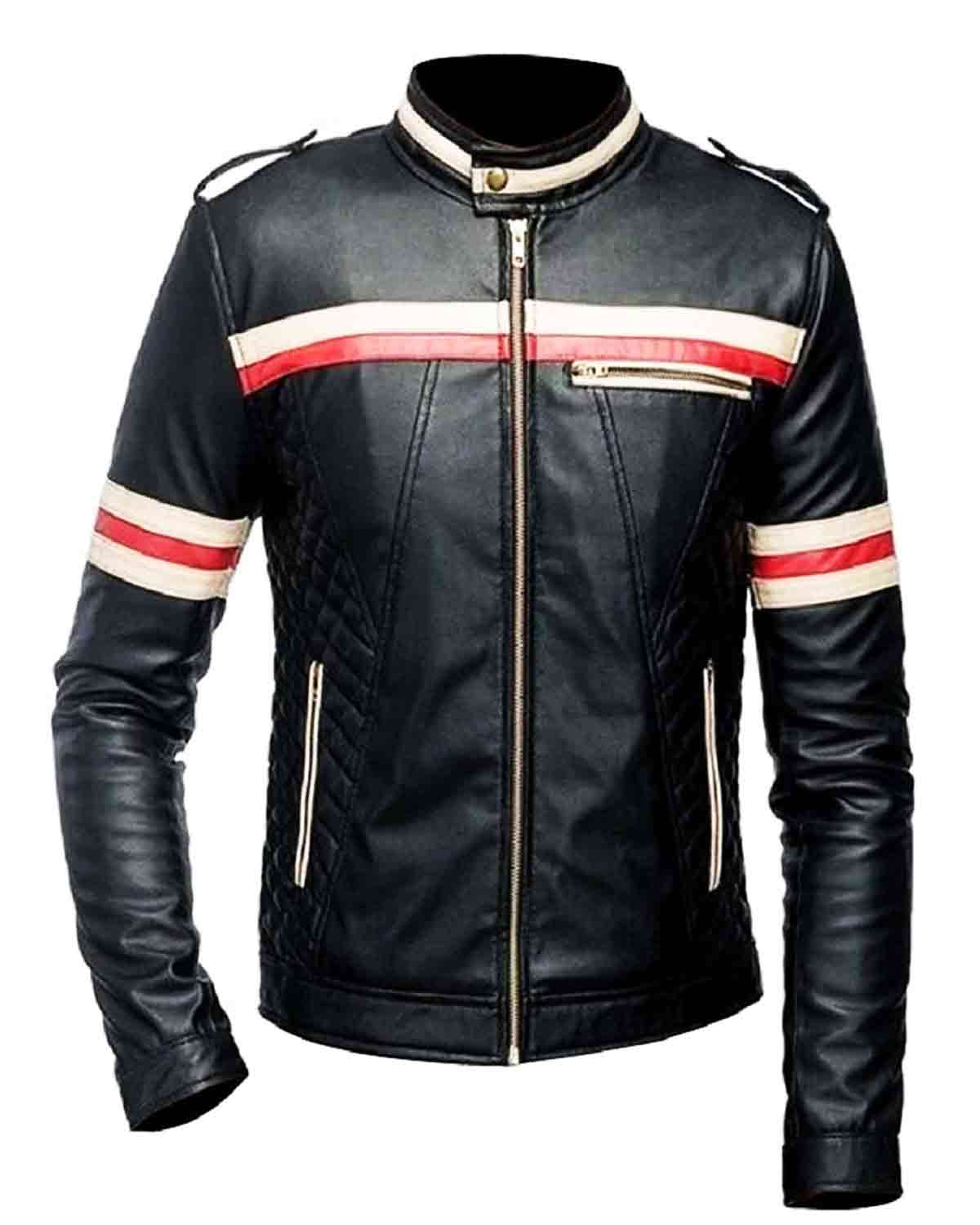 Mens Red and Beige Stripes Leather Biker Jacket | Elite Jacket