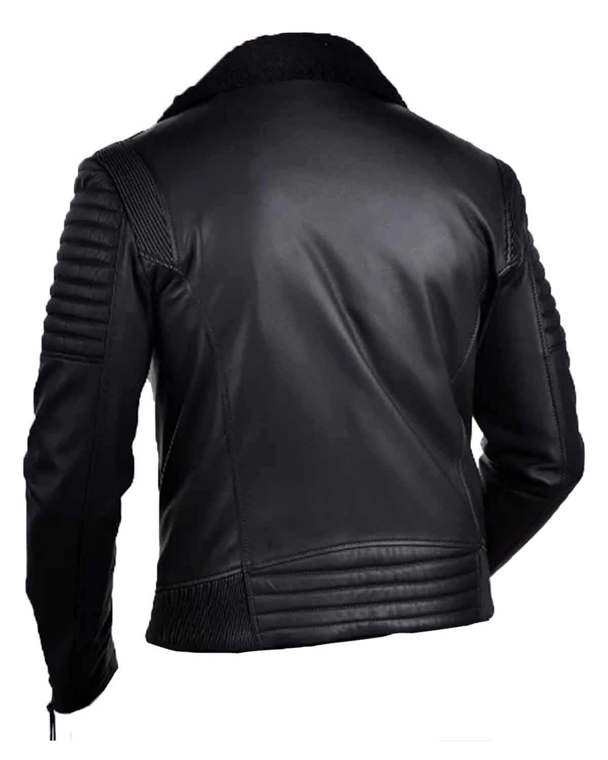 Mens Shearling Faux Fur Black Leather Biker Jacket 