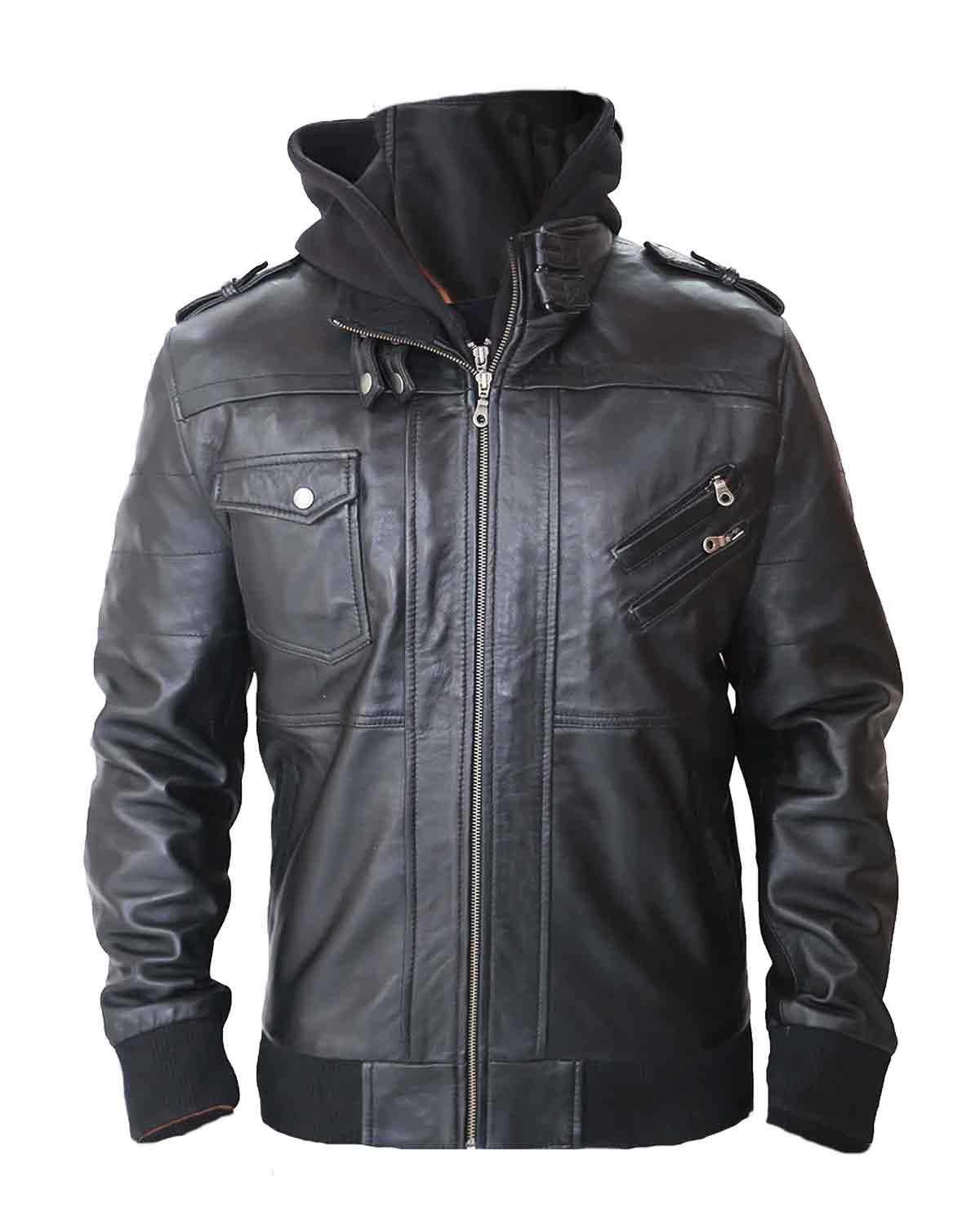 Mens Black Removable Hood Leather Jacket | Elite Jacket