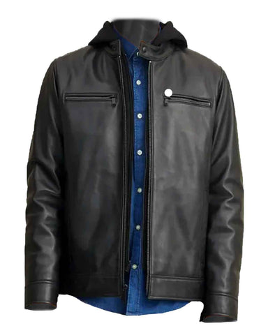 Mens Black Removable Hooded Leather Jacket