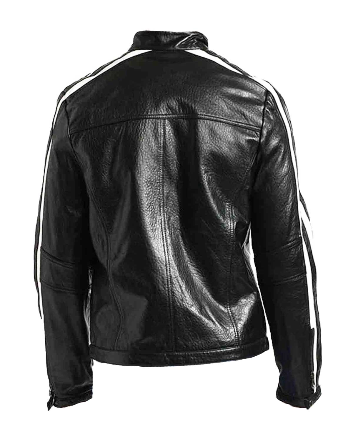 Mens White Striped Black Leather Biker Jacket | Elite Jacket