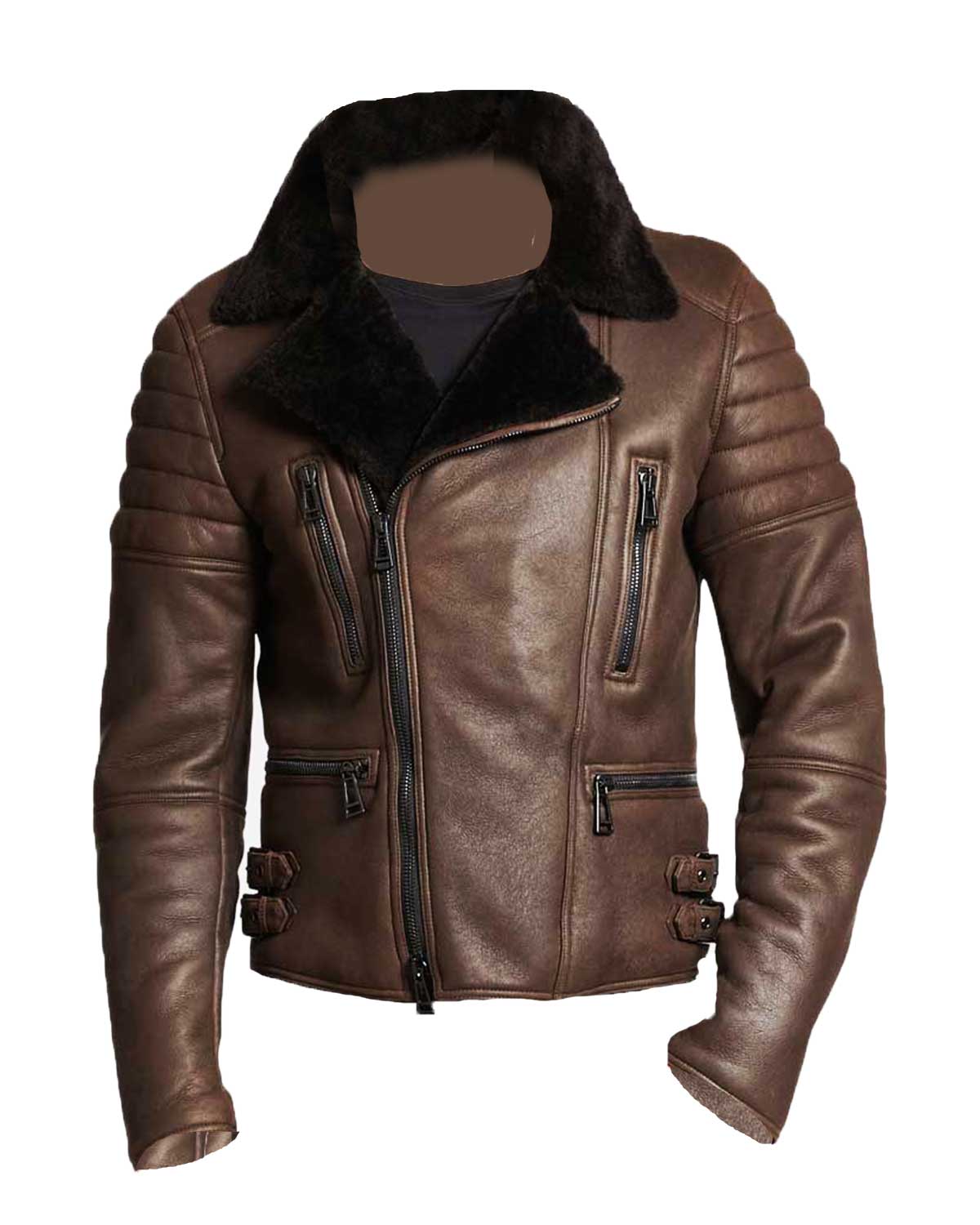 Mens Brown Shearling Classic Leather Biker Jackets 