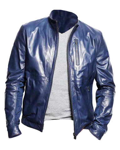 Mens Slim Fit Style Casual Navy Blue Leather Biker Jacket